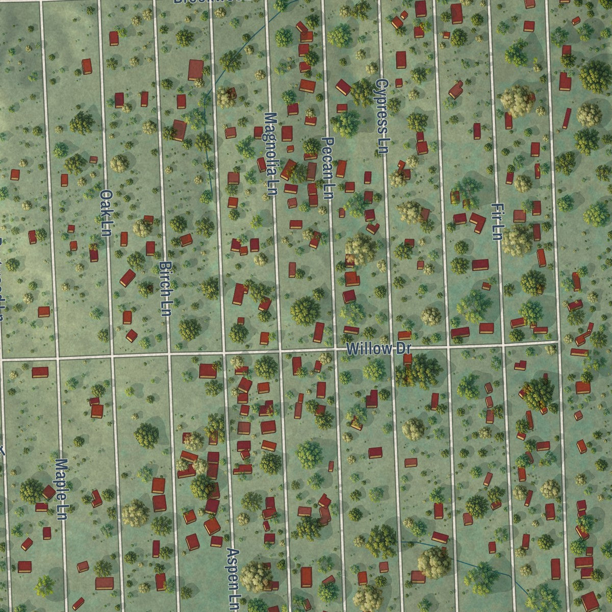 Close-up of the map of Cottonwood Shores, Texas print showing street and building detail
