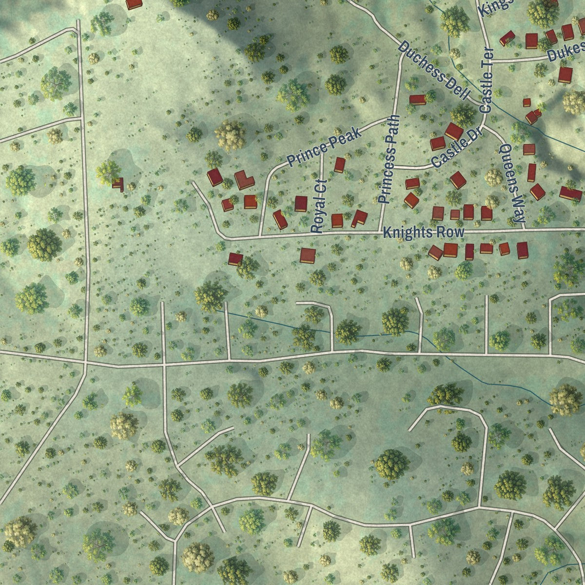 Second close-up of the map of Cottonwood Shores, Texas print showing more streets and buildings