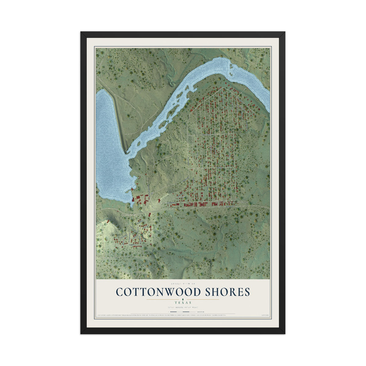 Map of Cottonwood Shores, Texas, 12 x 18 inch print in a black wood frame
