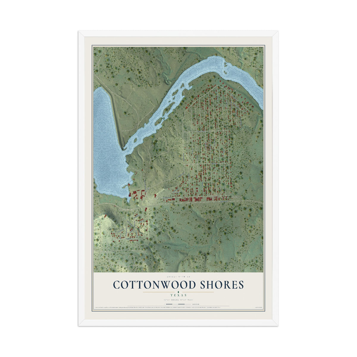Map of Cottonwood Shores, Texas, 12 x 18 inch print in a white wood frame