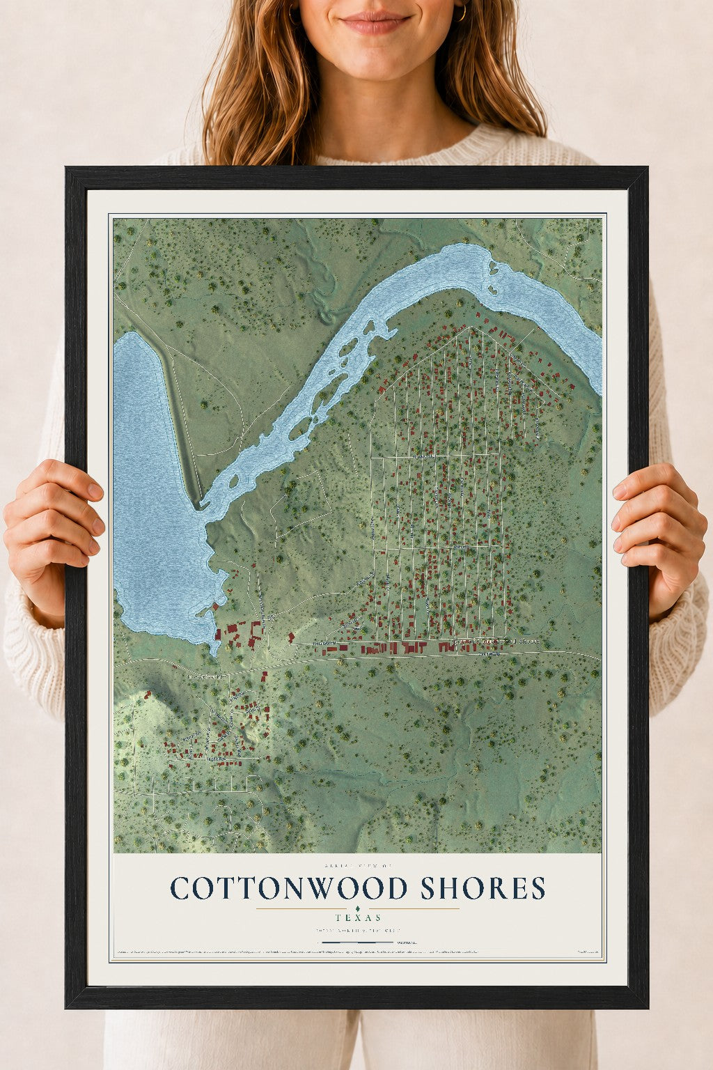 Map of Cottonwood Shores, Texas, 18 x 24 inch print in a black wood frame