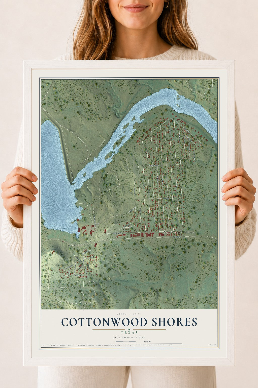 Map of Cottonwood Shores, Texas, 18 x 24 inch print in a white wood frame