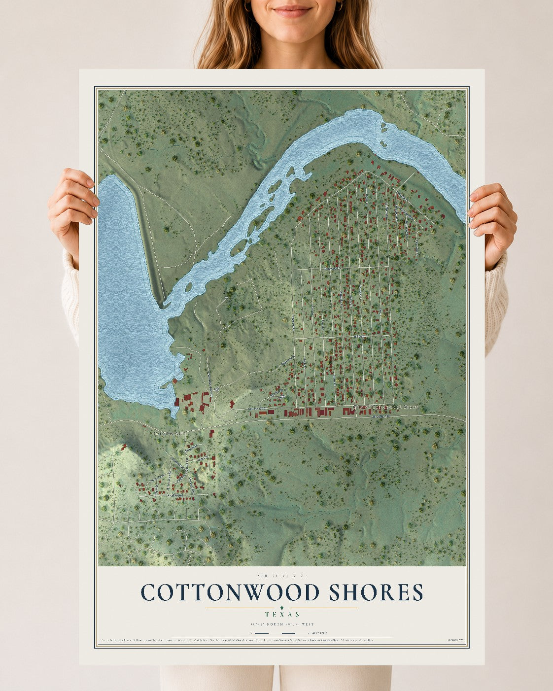 Map of Cottonwood Shores, Texas, 24 x 36 inch unframed archival matte print
