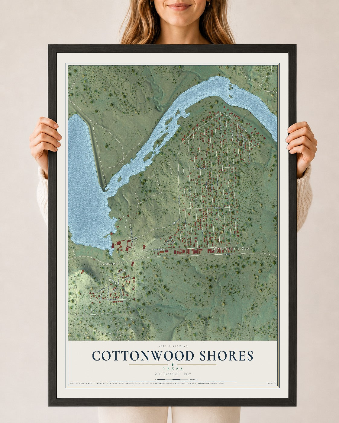 Map of Cottonwood Shores, Texas, 24 x 36 inch print in a black wood frame