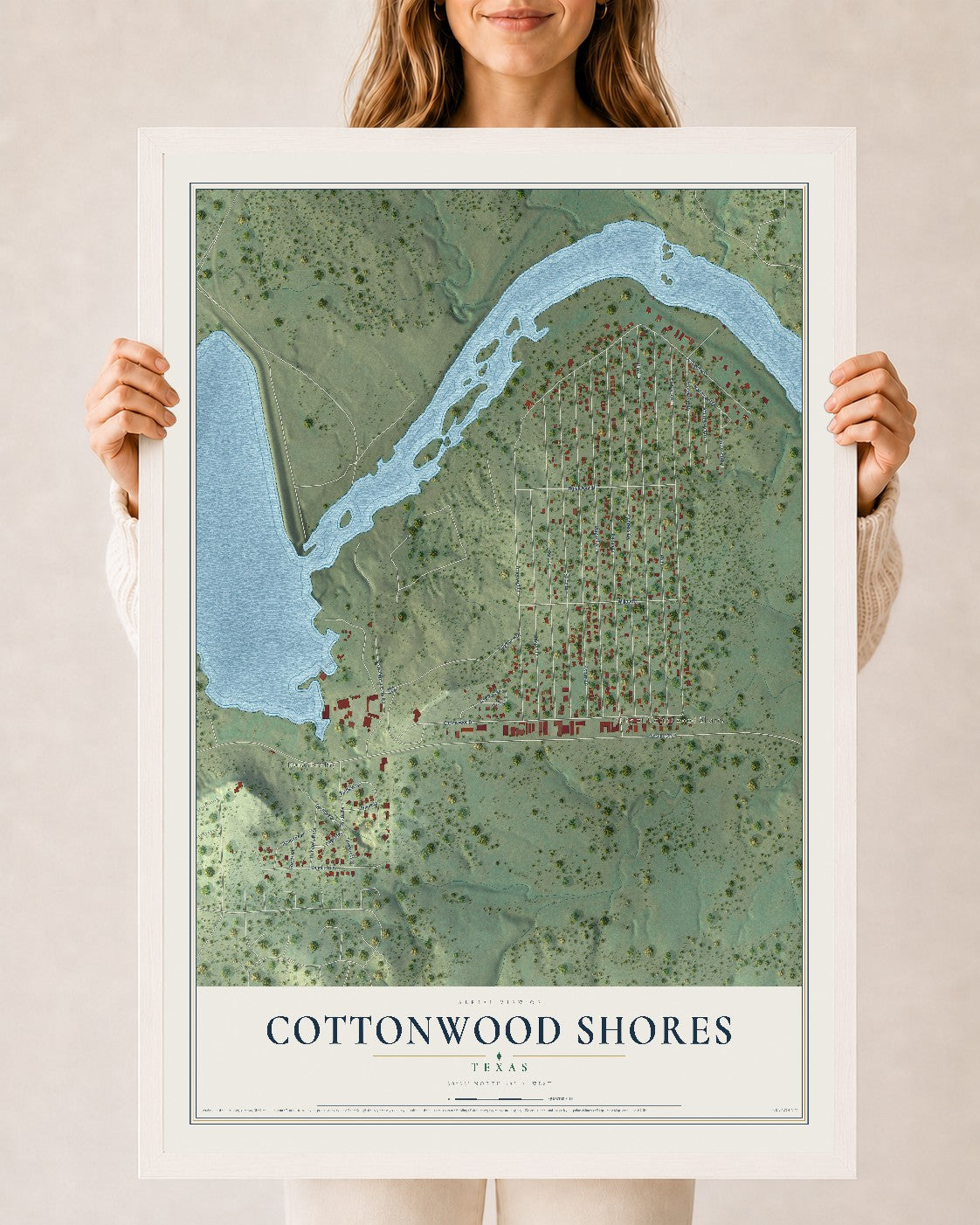 Map of Cottonwood Shores, Texas, 24 x 36 inch print in a white wood frame