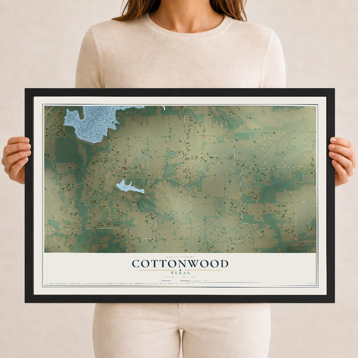Map of Cottonwood, Texas, 12 x 18 inch print in a black wood frame