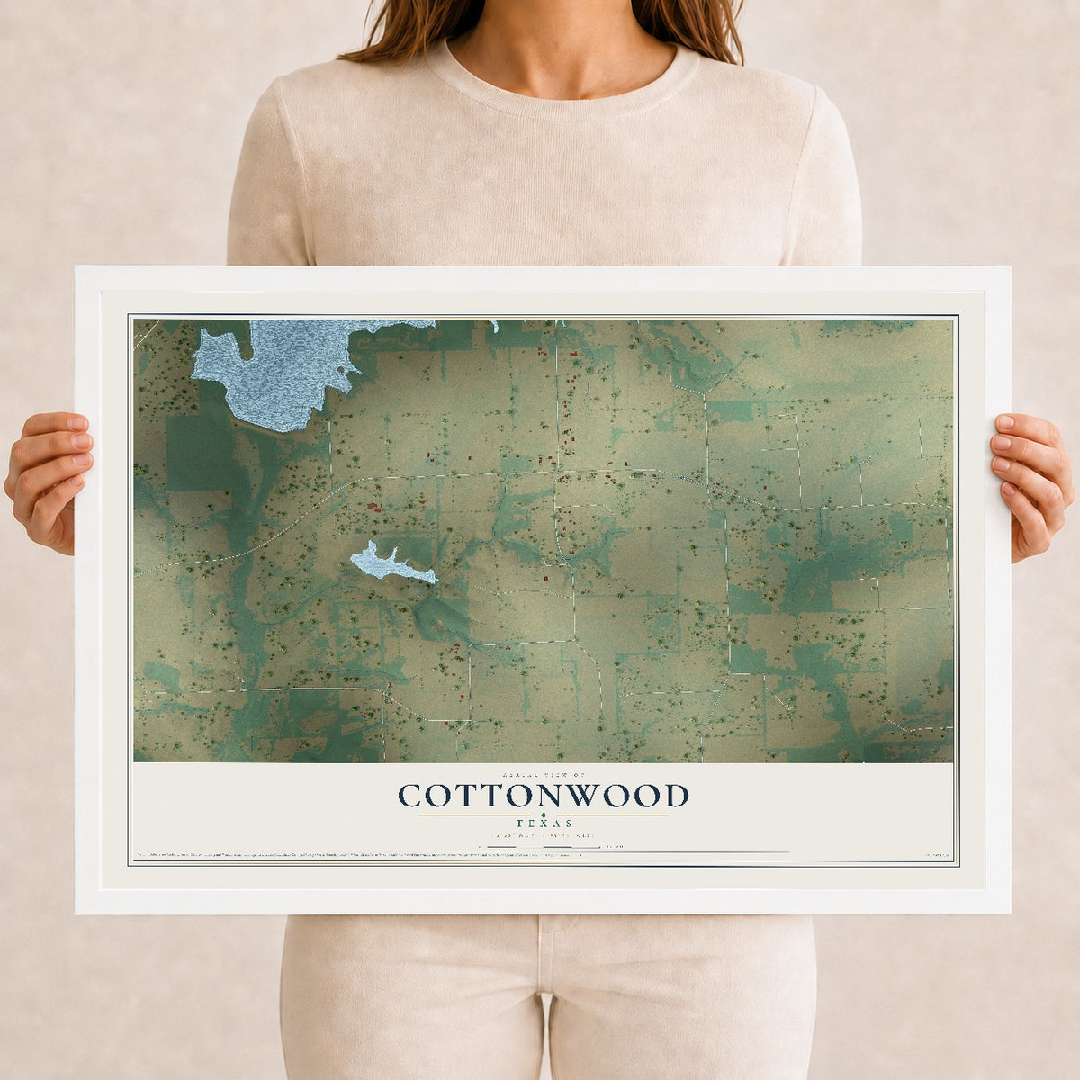 Map of Cottonwood, Texas, 12 x 18 inch print in a white wood frame