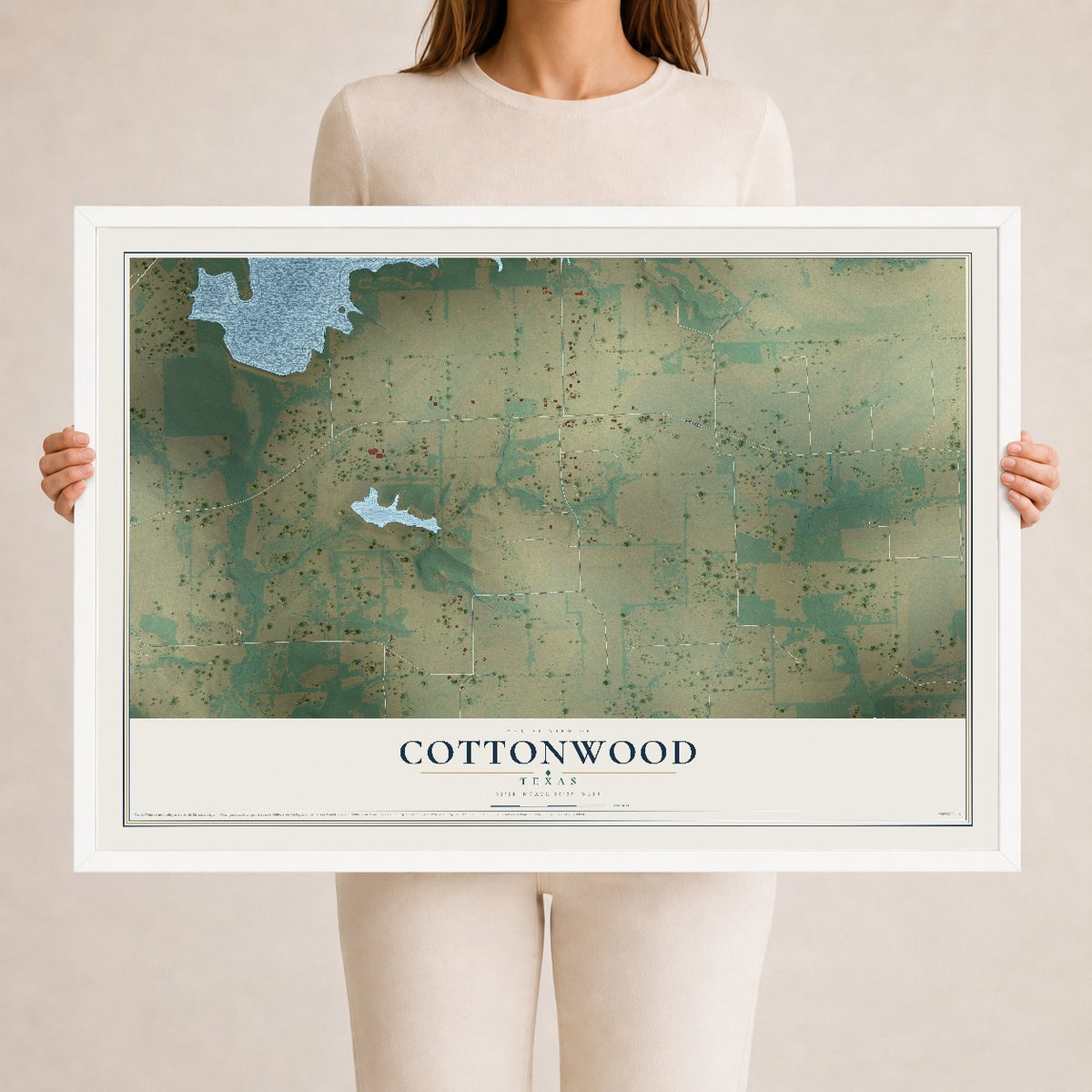 Map of Cottonwood, Texas, 24 x 36 inch print in a white wood frame
