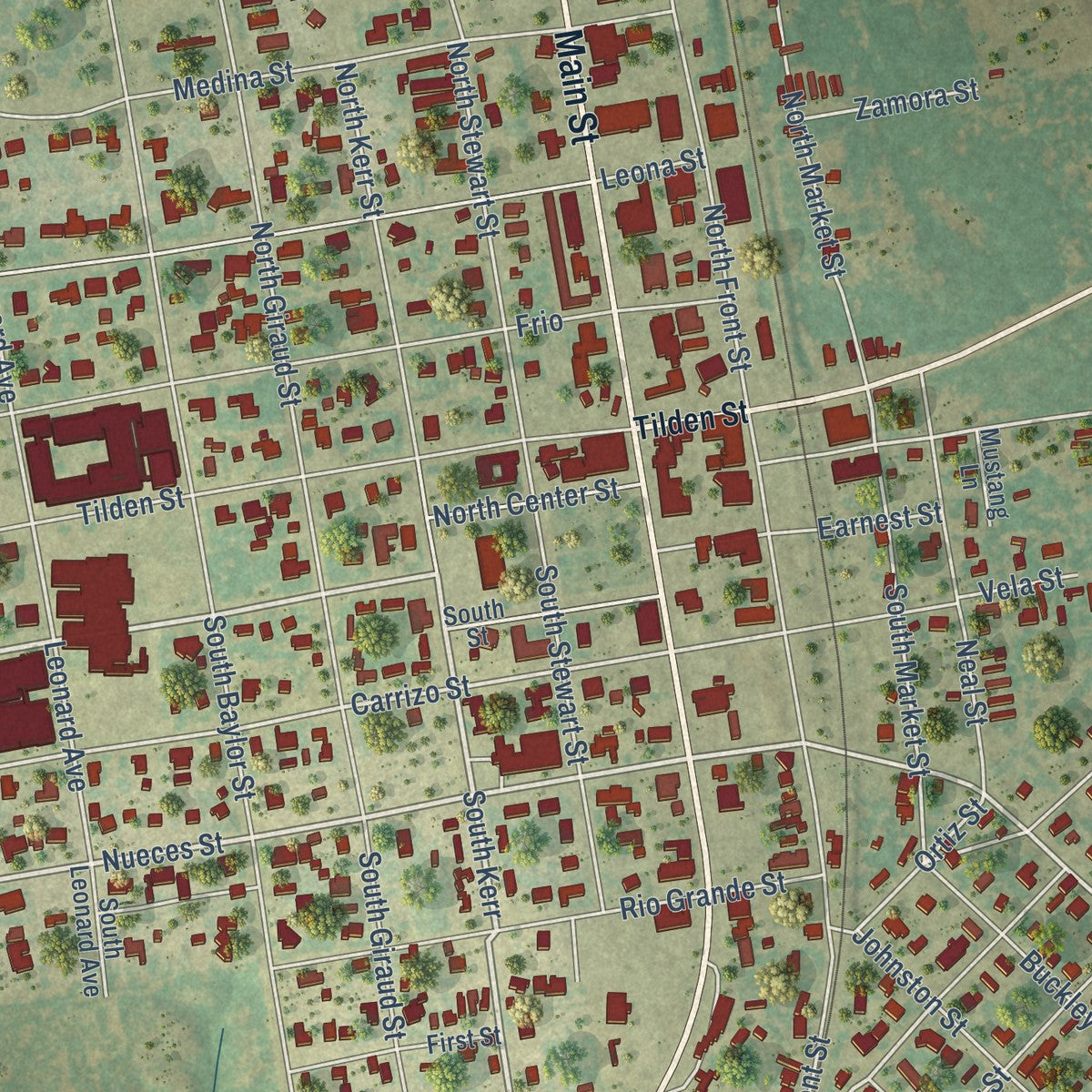 Close-up of the map of Cotulla, Texas print showing street and building detail