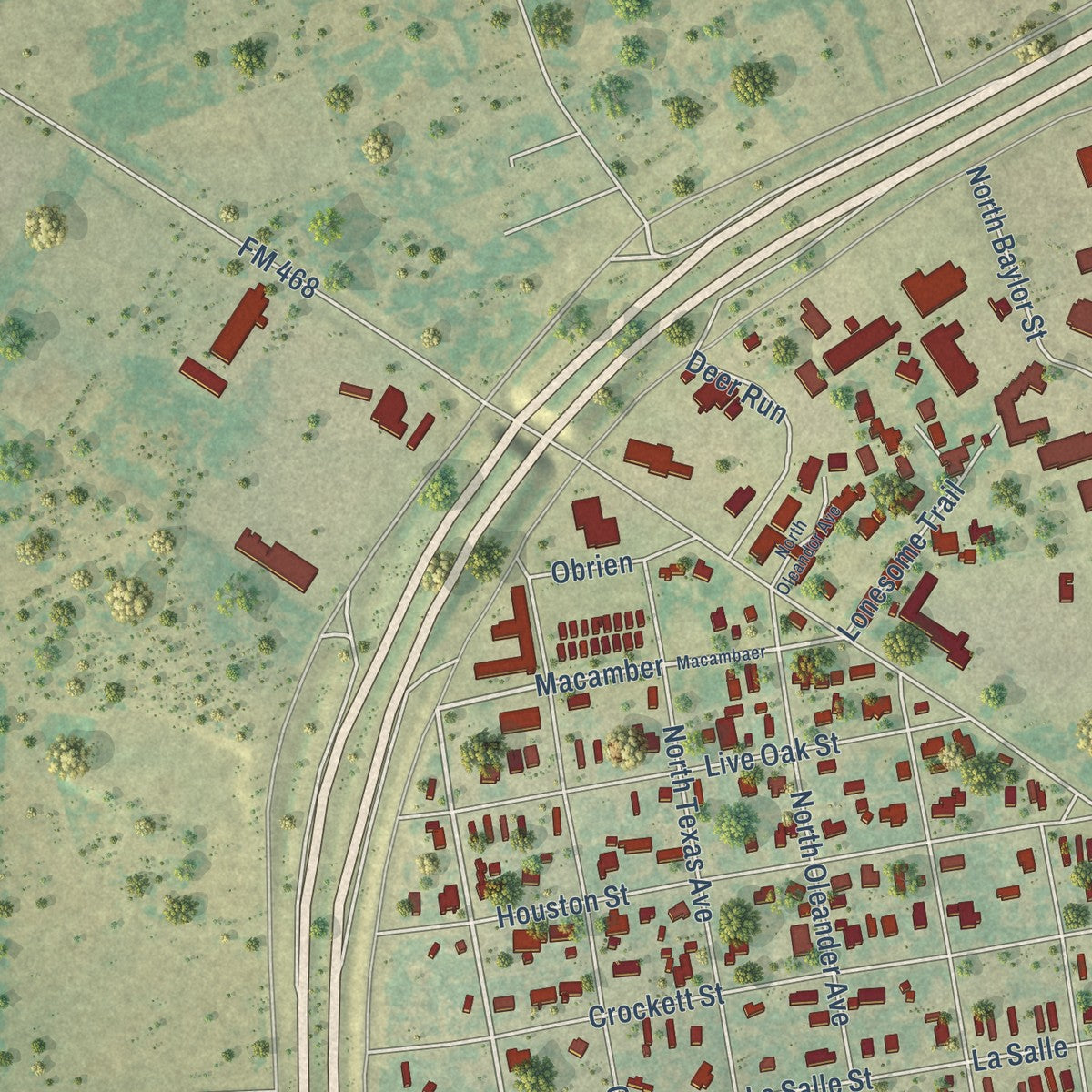 Second close-up of the map of Cotulla, Texas print showing more streets and buildings
