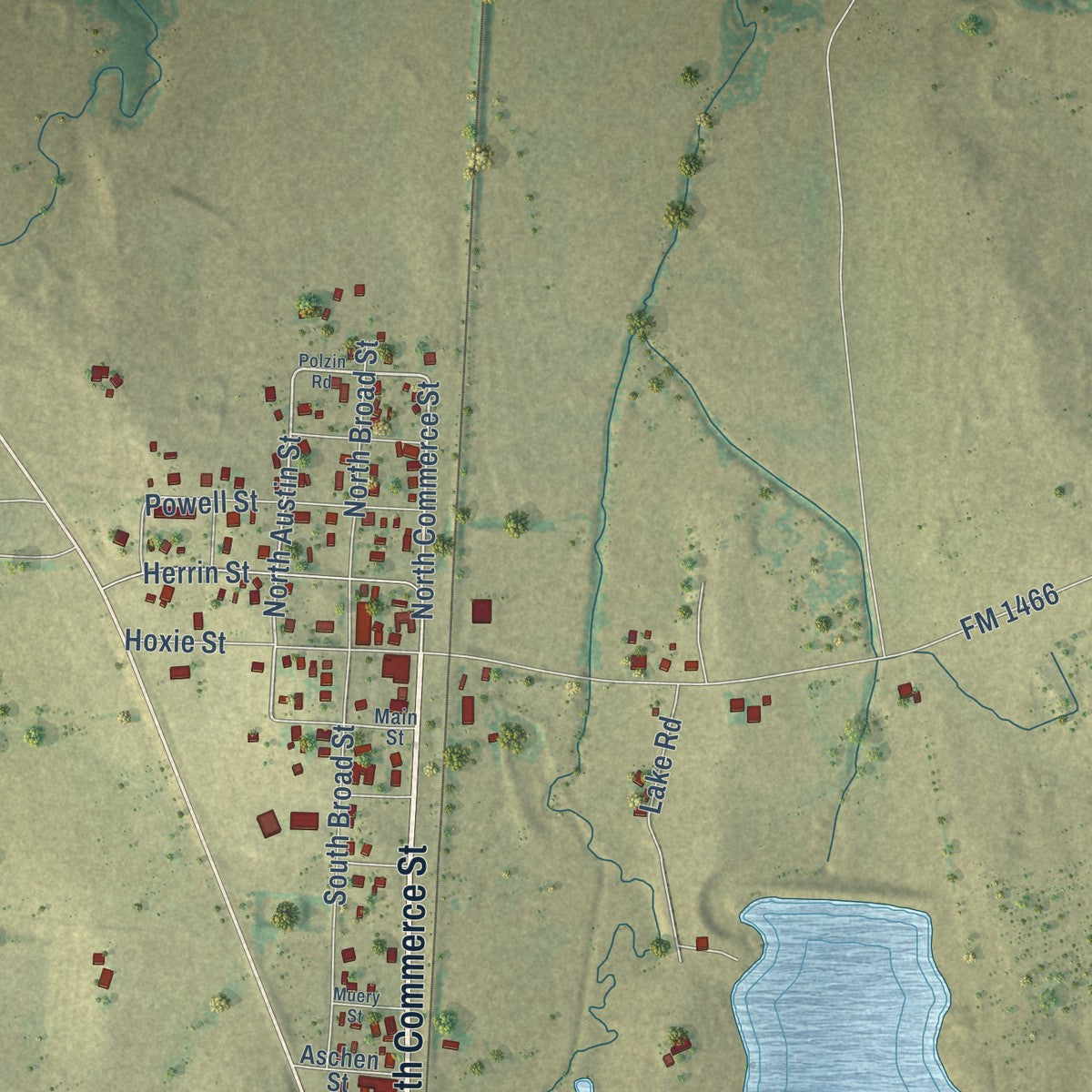 Close-up of the map of Coupland, Texas print showing street and building detail