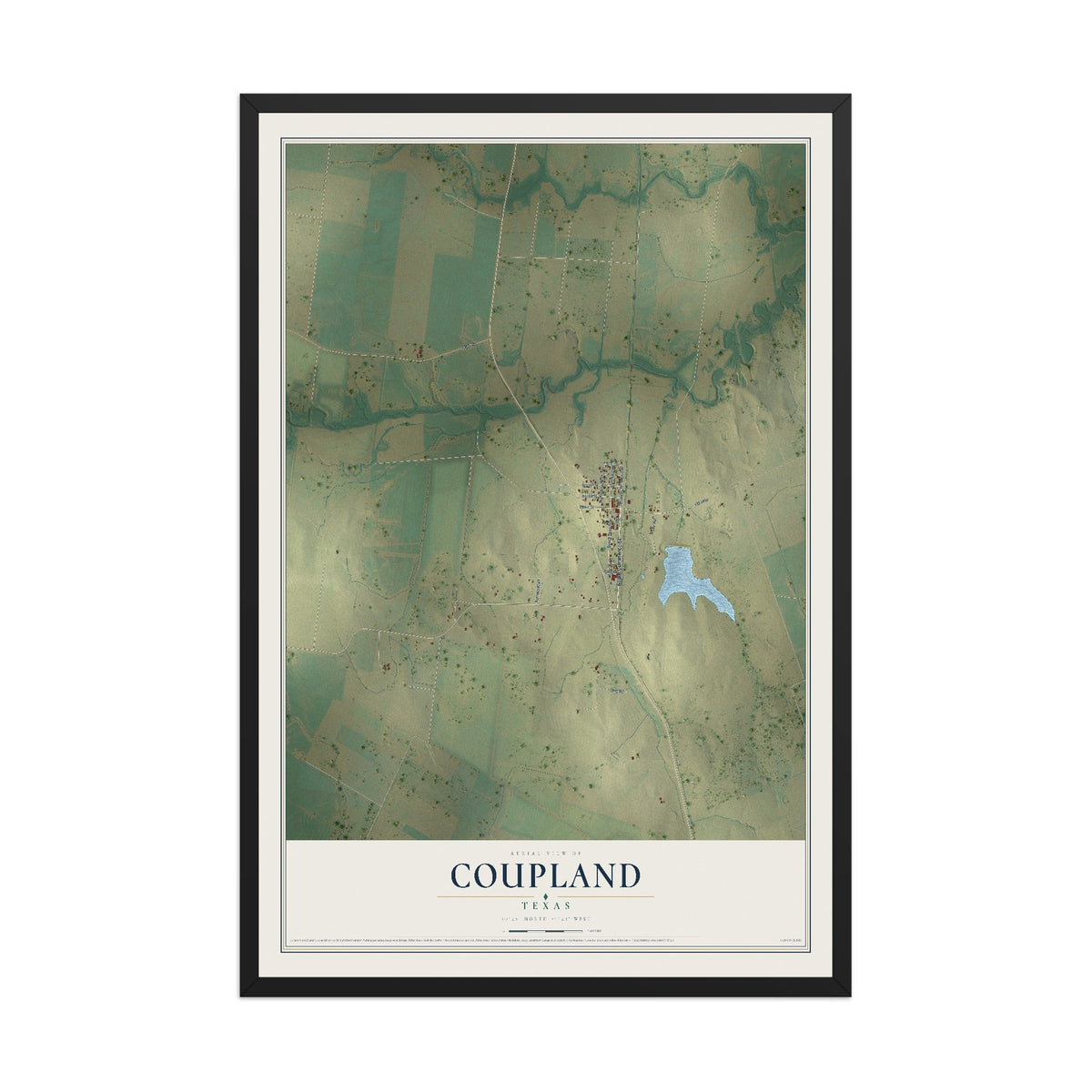 Map of Coupland, Texas, 12 x 18 inch print in a black wood frame