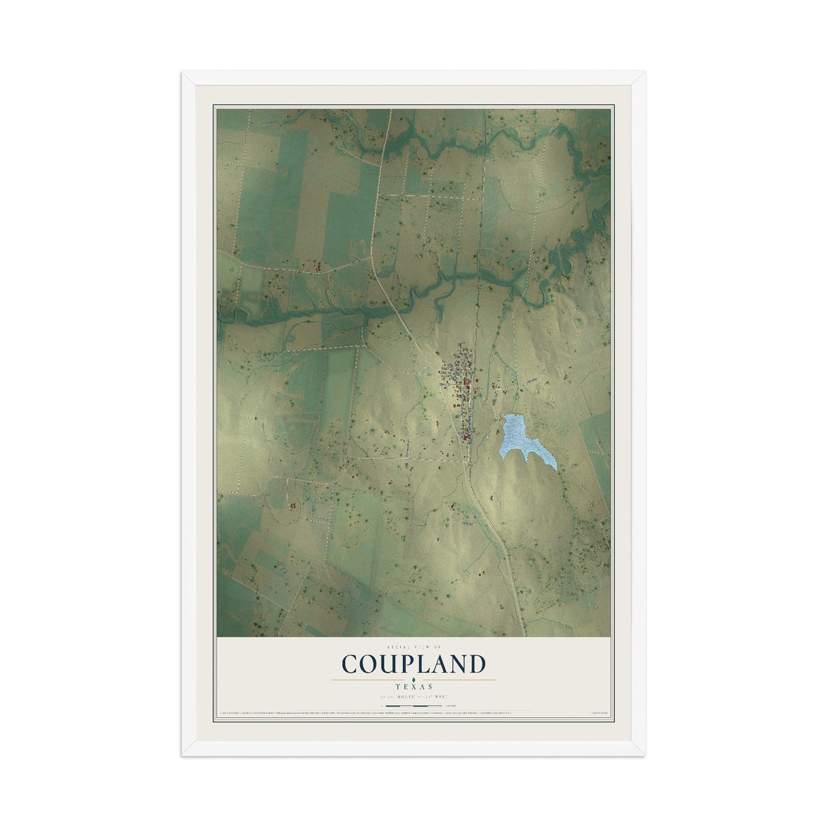 Map of Coupland, Texas, 12 x 18 inch print in a white wood frame