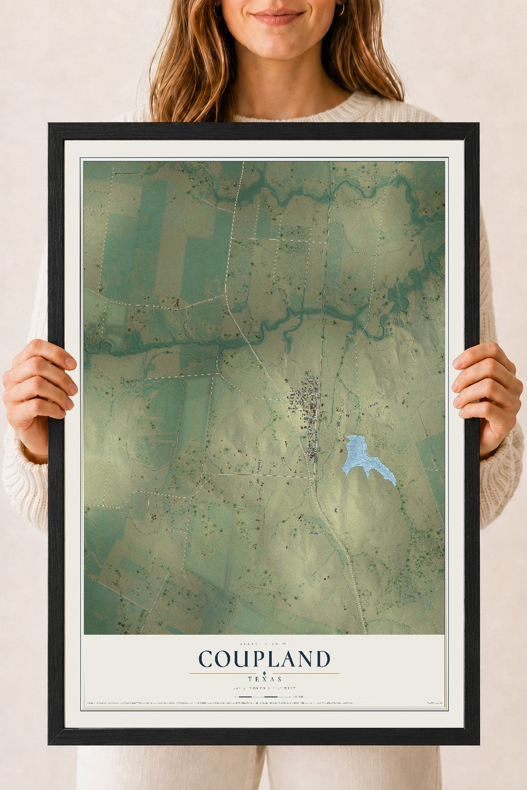 Map of Coupland, Texas, 18 x 24 inch print in a black wood frame