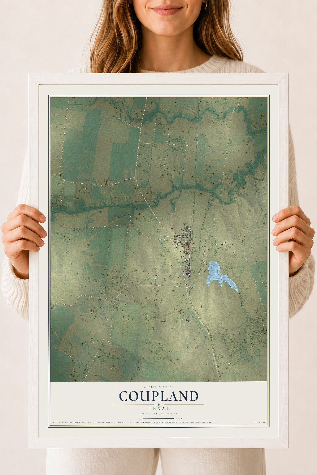 Map of Coupland, Texas, 18 x 24 inch print in a white wood frame