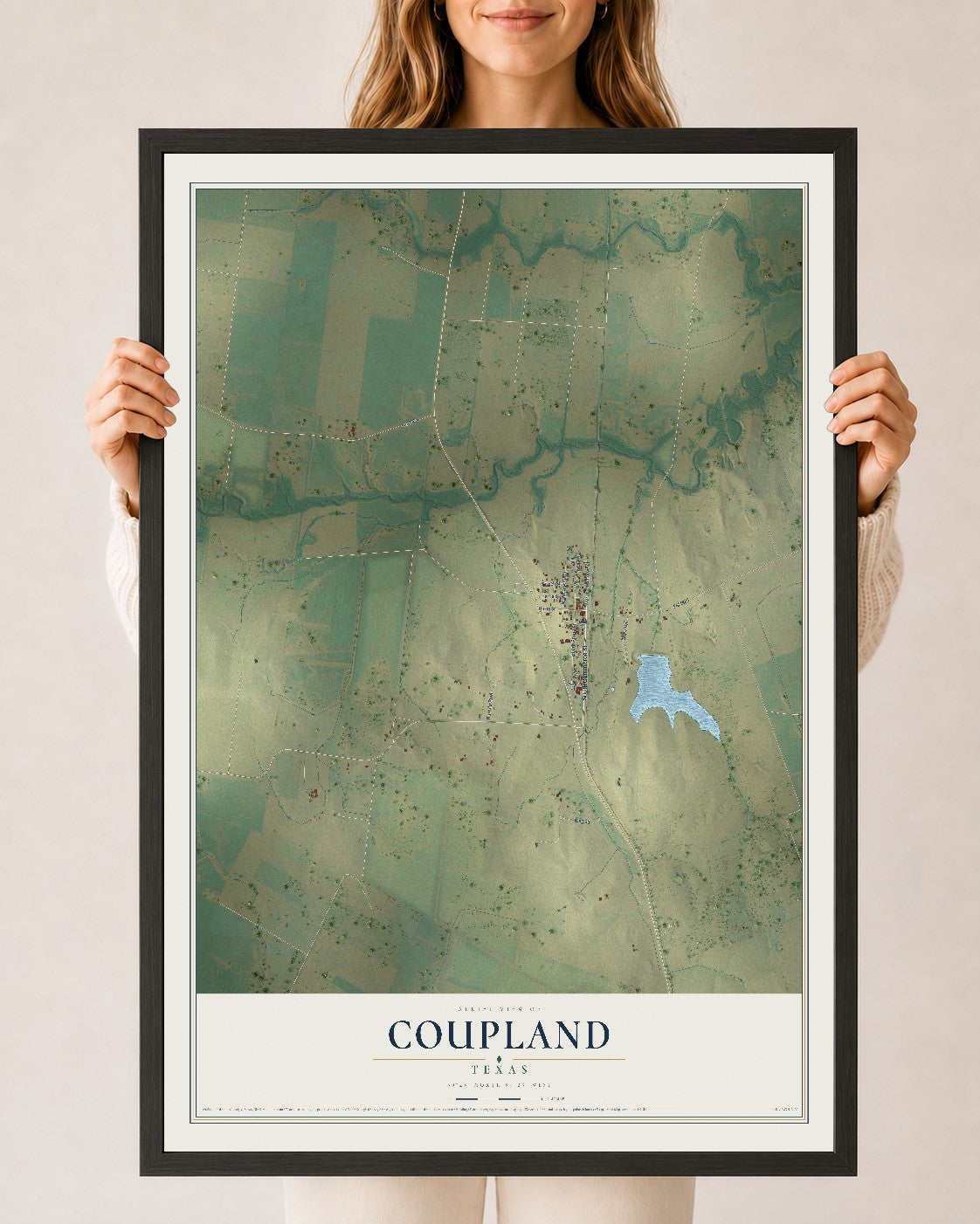 Map of Coupland, Texas, 24 x 36 inch print in a black wood frame