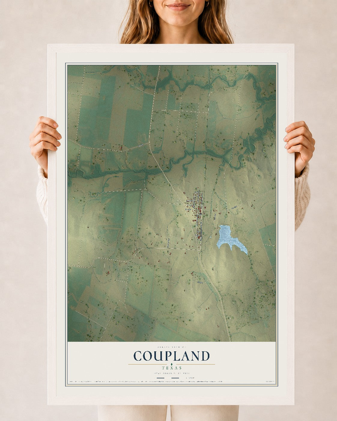 Map of Coupland, Texas, 24 x 36 inch print in a white wood frame