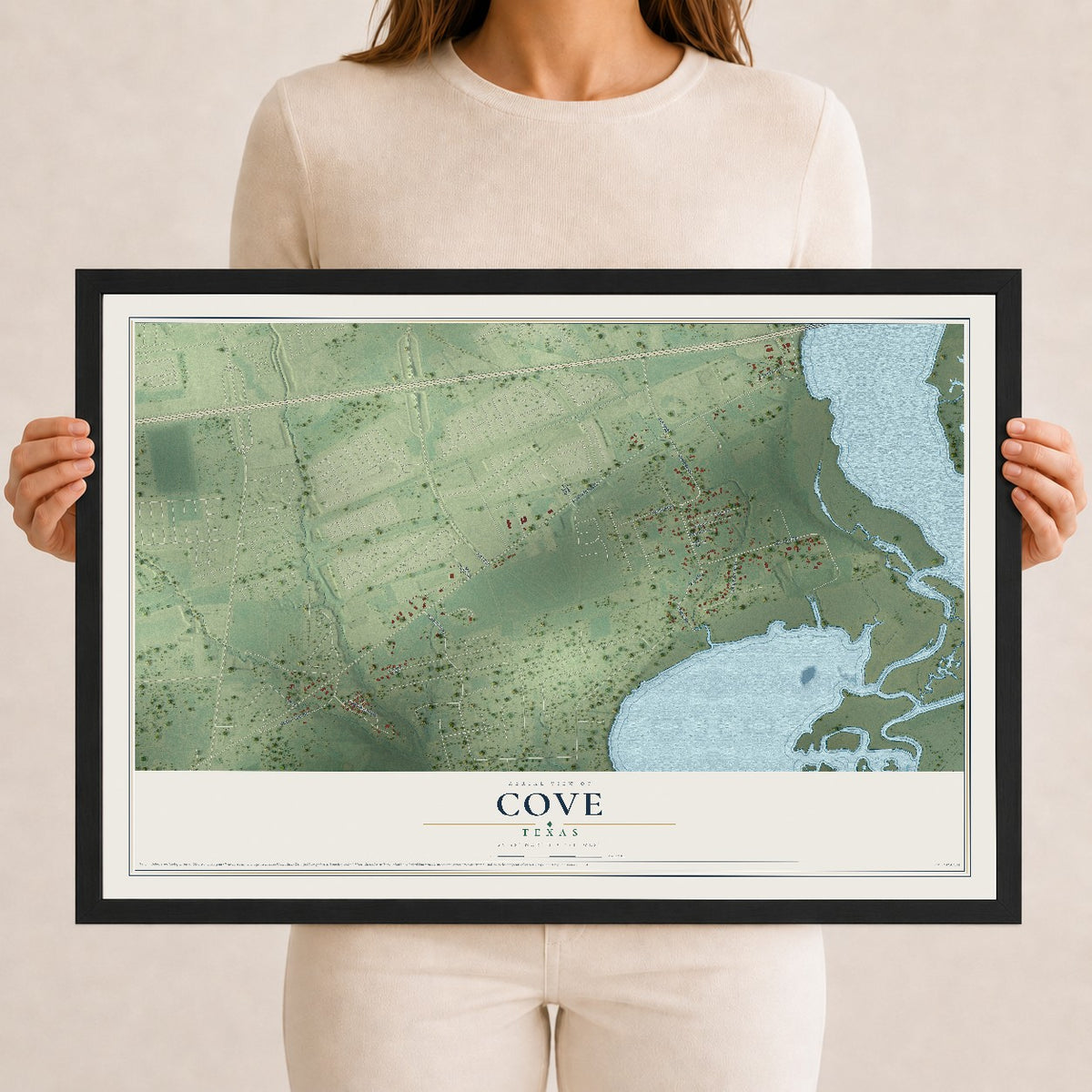 Map of Cove, Texas, 12 x 18 inch print in a black wood frame