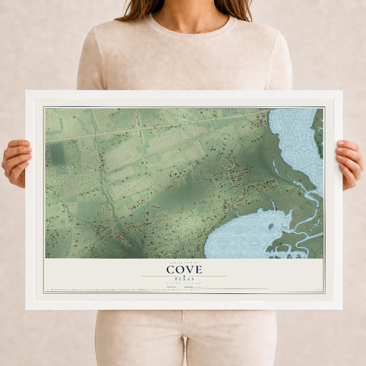 Map of Cove, Texas, 12 x 18 inch print in a white wood frame