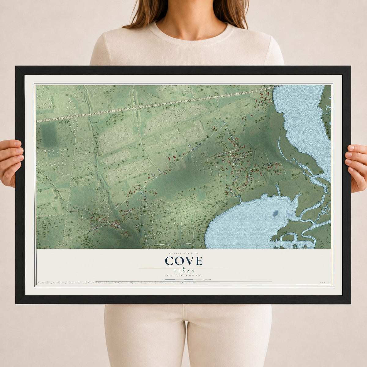 Map of Cove, Texas, 18 x 24 inch print in a black wood frame