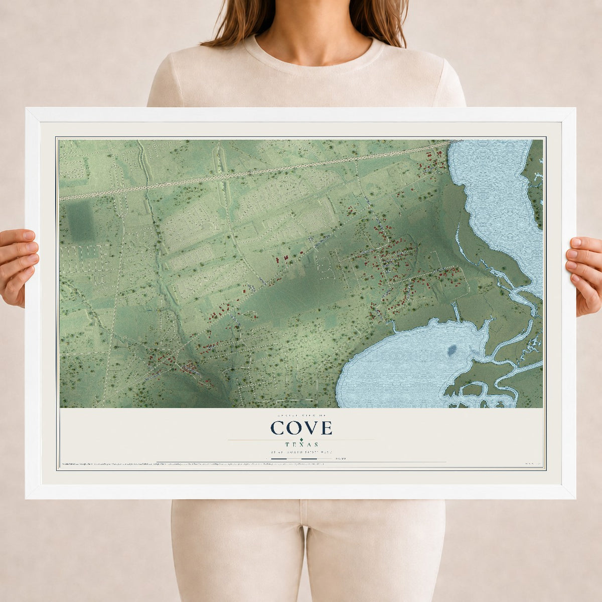 Map of Cove, Texas, 18 x 24 inch print in a white wood frame
