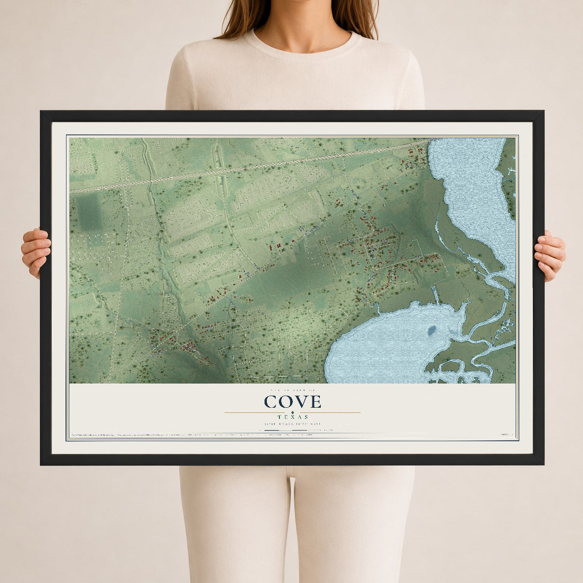 Map of Cove, Texas, 24 x 36 inch print in a black wood frame