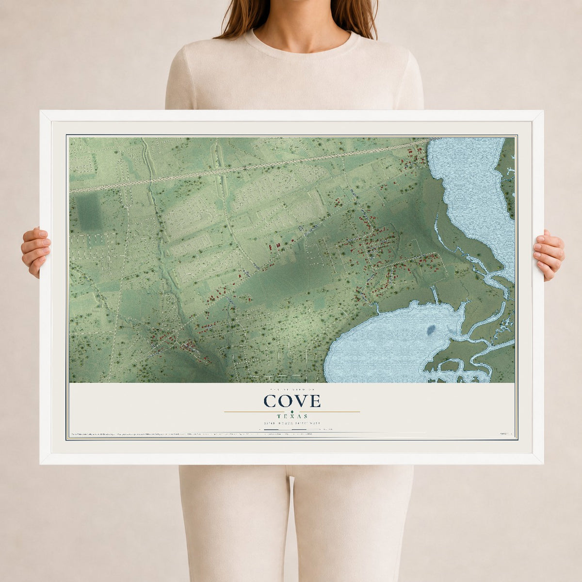 Map of Cove, Texas, 24 x 36 inch print in a white wood frame
