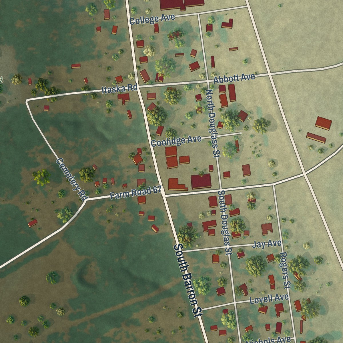 Close-up of the map of Covington, Texas print showing street and building detail