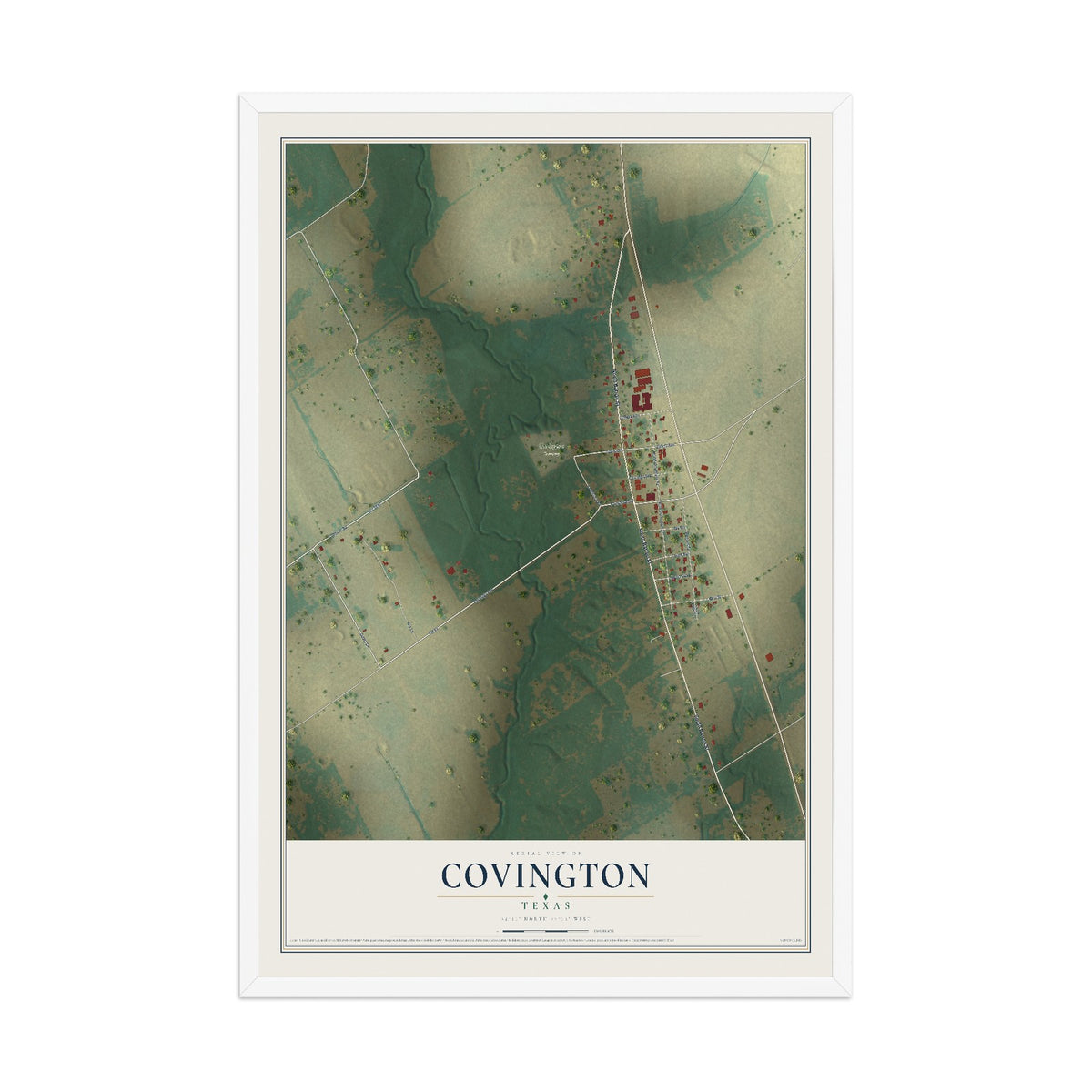 Map of Covington, Texas, 12 x 18 inch print in a white wood frame