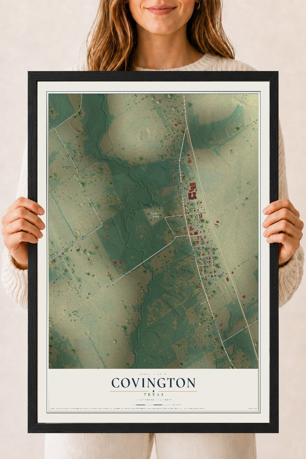 Map of Covington, Texas, 18 x 24 inch print in a black wood frame