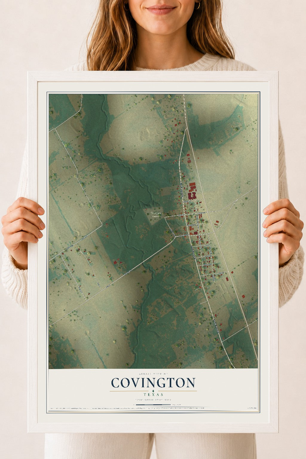 Map of Covington, Texas, 18 x 24 inch print in a white wood frame