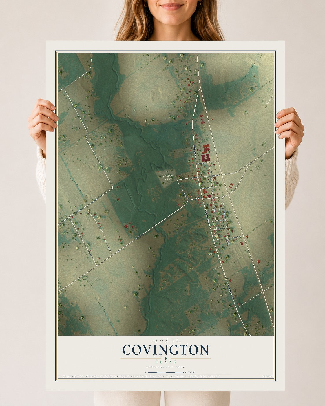 Map of Covington, Texas, 24 x 36 inch unframed archival matte print