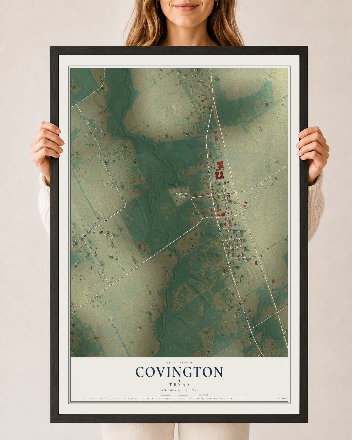 Map of Covington, Texas, 24 x 36 inch print in a black wood frame