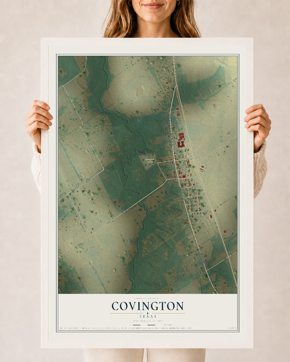 Map of Covington, Texas, 24 x 36 inch print in a white wood frame