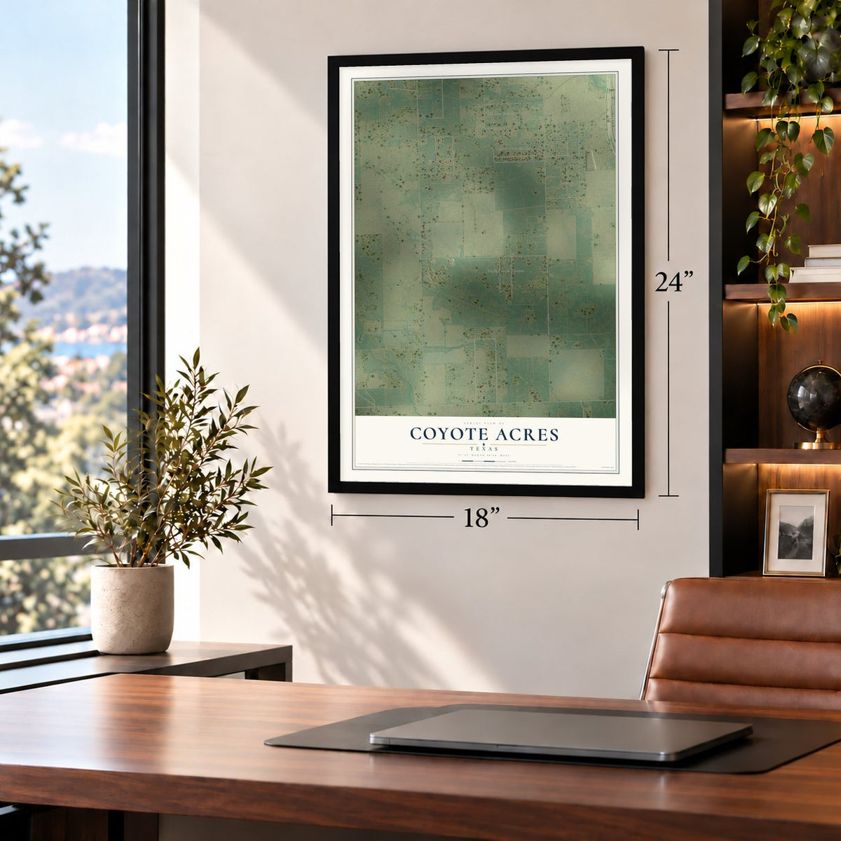 Coyote Acres, Texas map, 18 x 24 inch print in a black frame in a home office