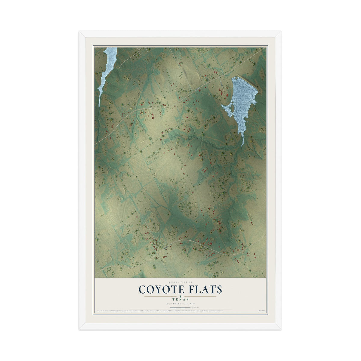 Map of Coyote Flats, Texas, 12 x 18 inch print in a white wood frame