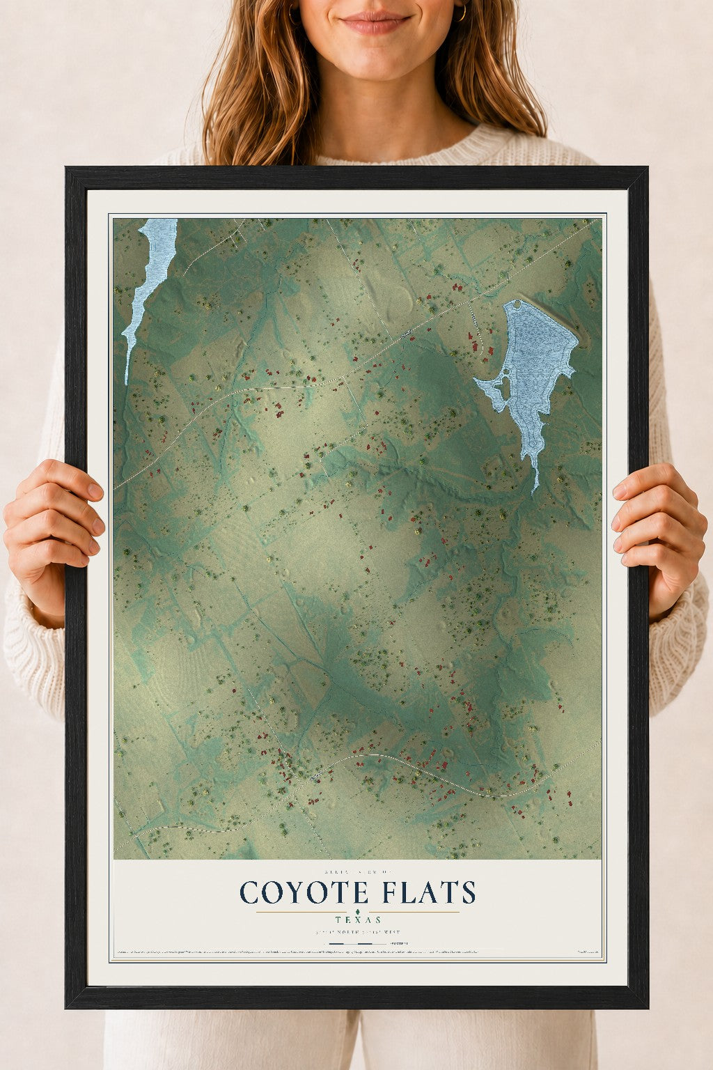 Map of Coyote Flats, Texas, 18 x 24 inch print in a black wood frame