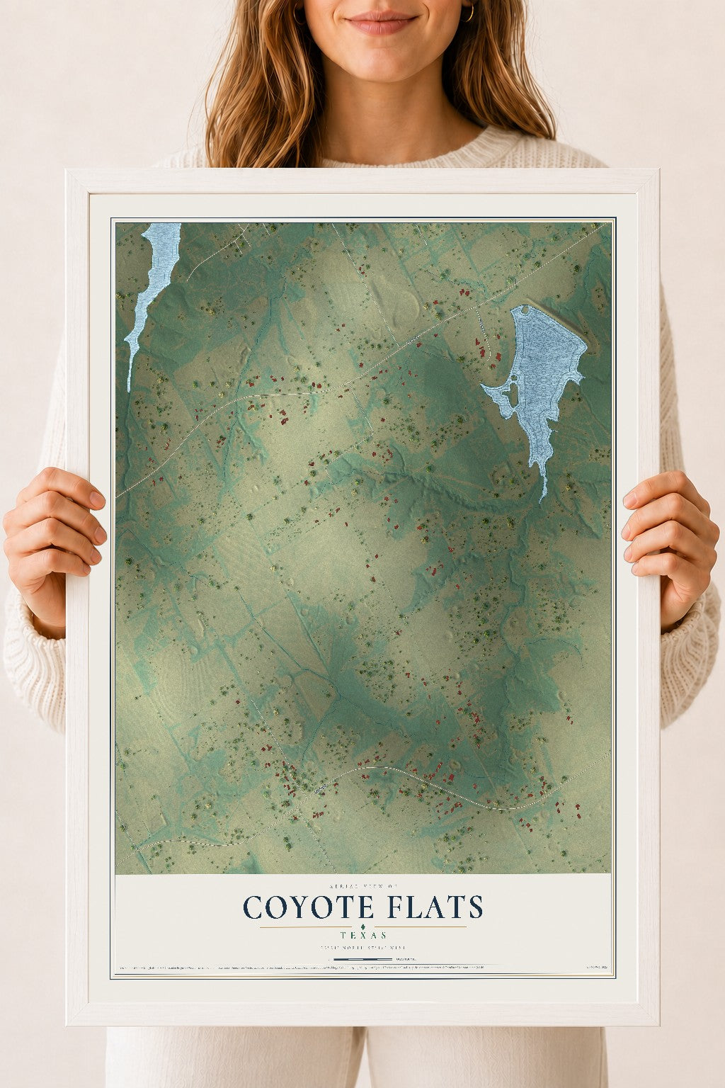 Map of Coyote Flats, Texas, 18 x 24 inch print in a white wood frame