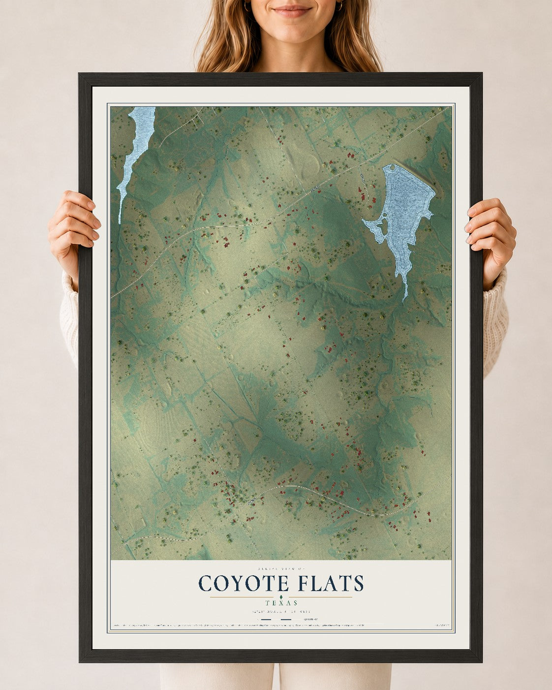 Map of Coyote Flats, Texas, 24 x 36 inch print in a black wood frame