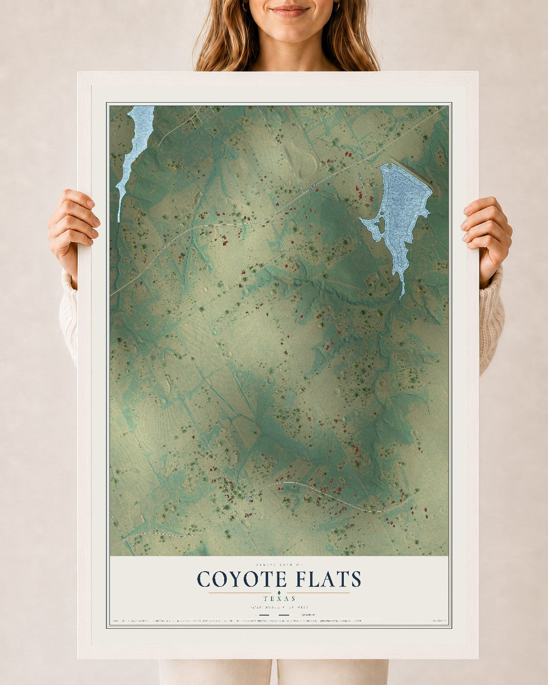 Map of Coyote Flats, Texas, 24 x 36 inch print in a white wood frame