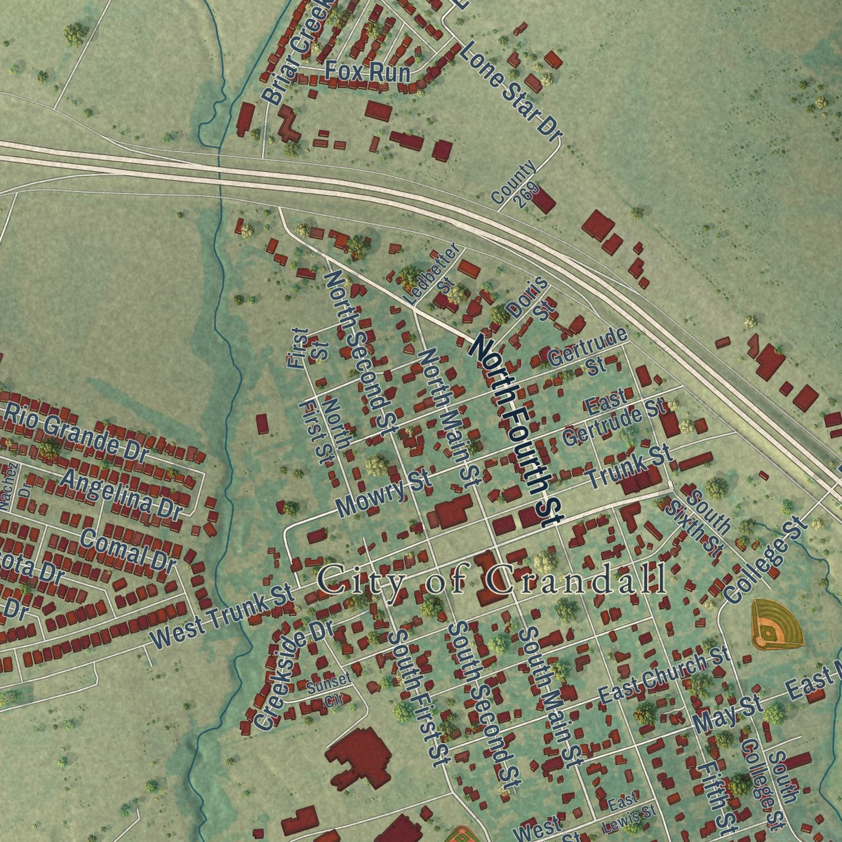 Close-up of the map of Crandall, Texas print showing street and building detail