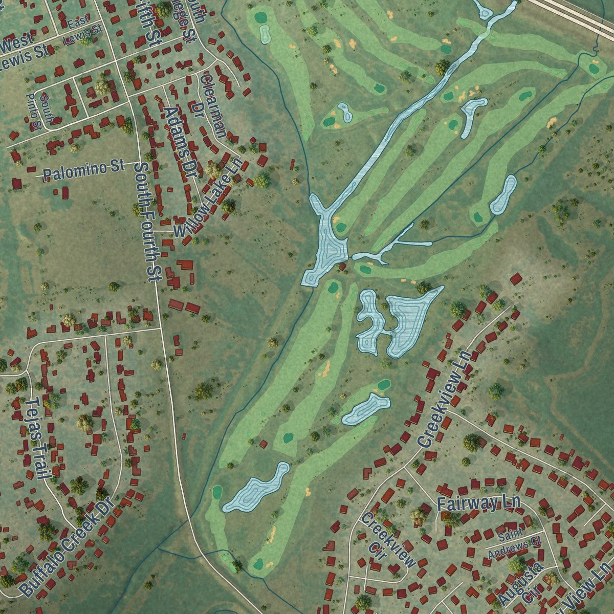 Second close-up of the map of Crandall, Texas print showing more streets and buildings