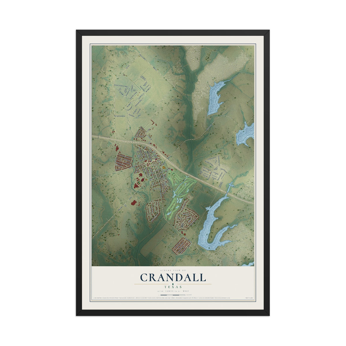 Map of Crandall, Texas, 12 x 18 inch print in a black wood frame