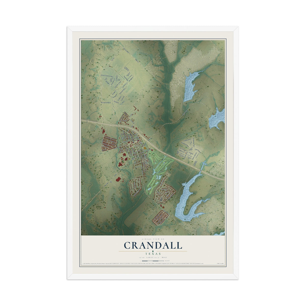 Map of Crandall, Texas, 12 x 18 inch print in a white wood frame