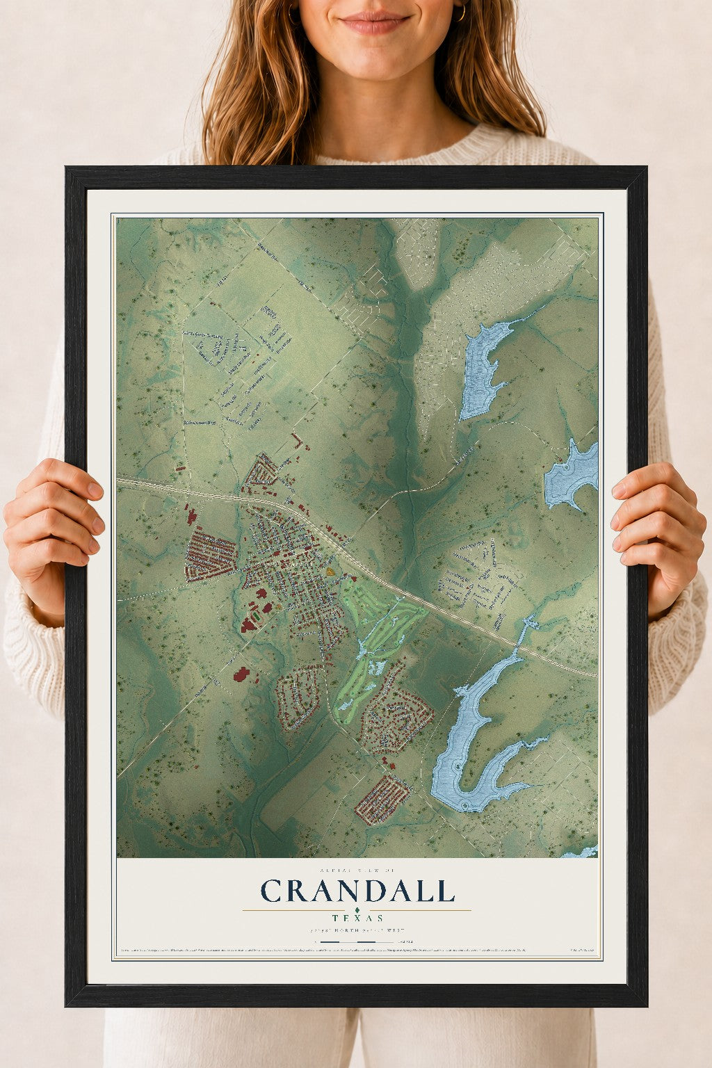 Map of Crandall, Texas, 18 x 24 inch print in a black wood frame