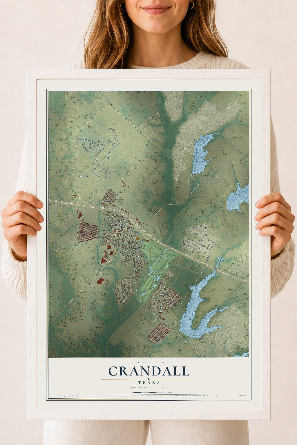 Map of Crandall, Texas, 18 x 24 inch print in a white wood frame