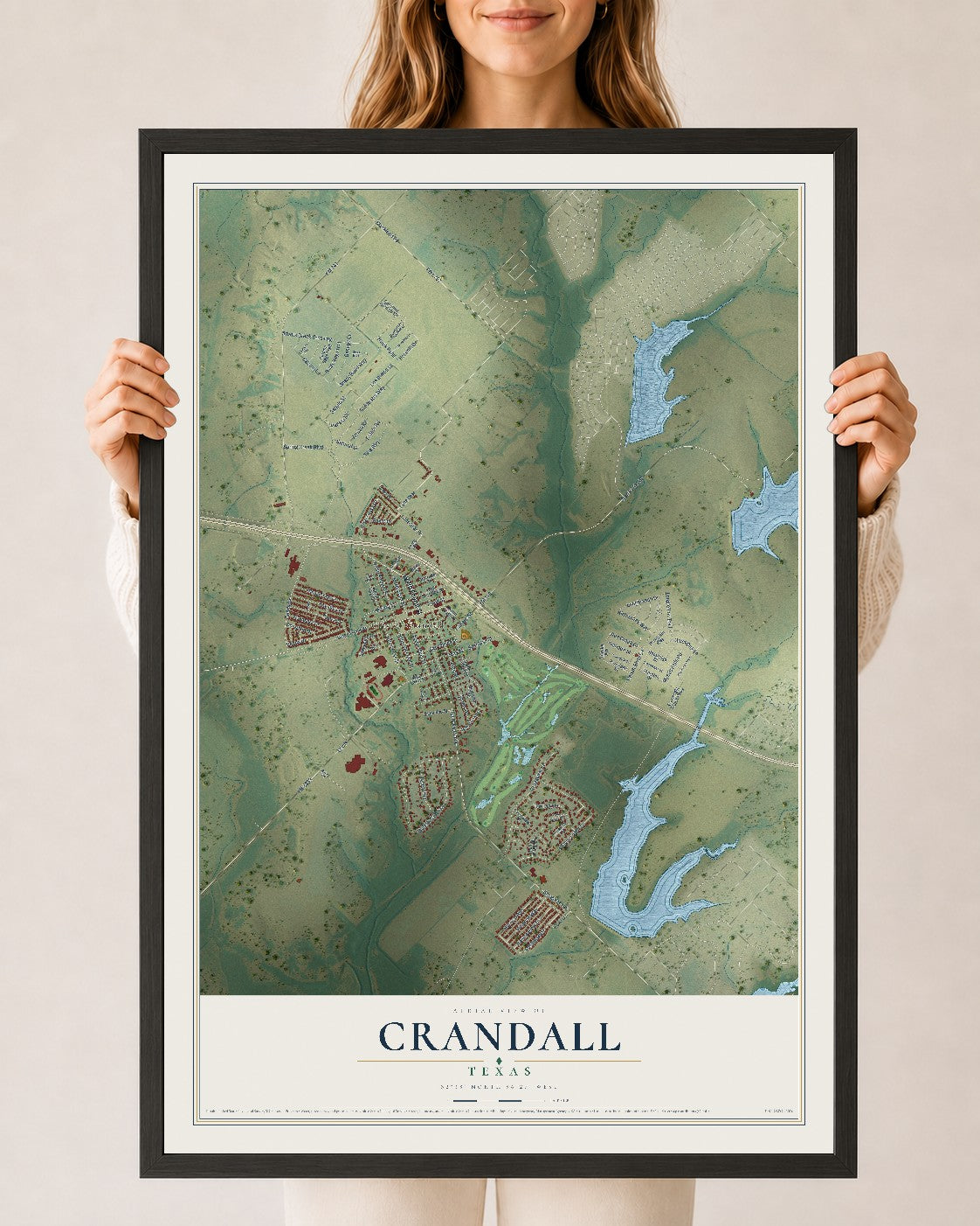 Map of Crandall, Texas, 24 x 36 inch print in a black wood frame