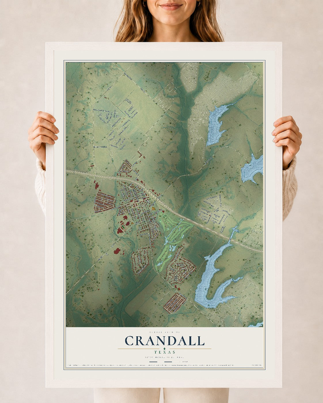 Map of Crandall, Texas, 24 x 36 inch print in a white wood frame