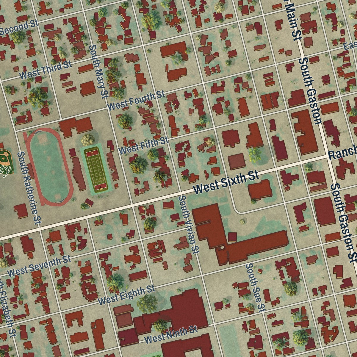 Close-up of the map of Crane, Texas print showing street and building detail