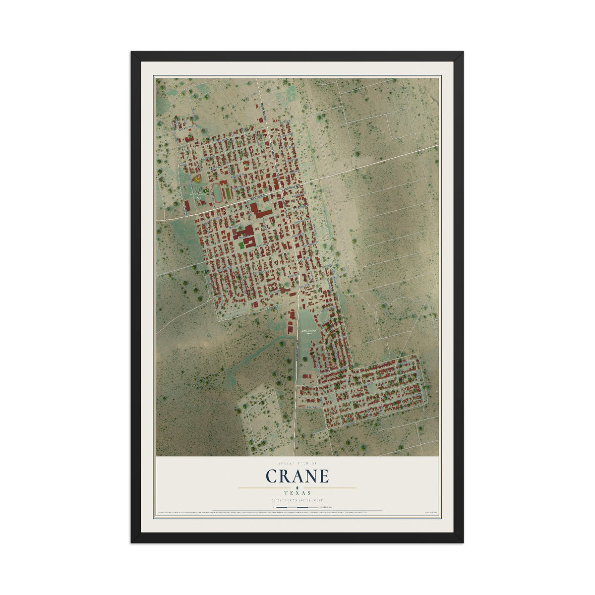 Map of Crane, Texas, 12 x 18 inch print in a black wood frame